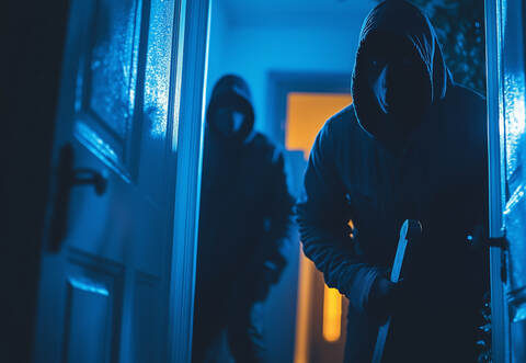 masked burglars breaking and entering into a victim's home 